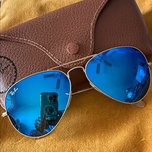 Ray-Ban Gold Aviator Sunglasses with Blue Lenses